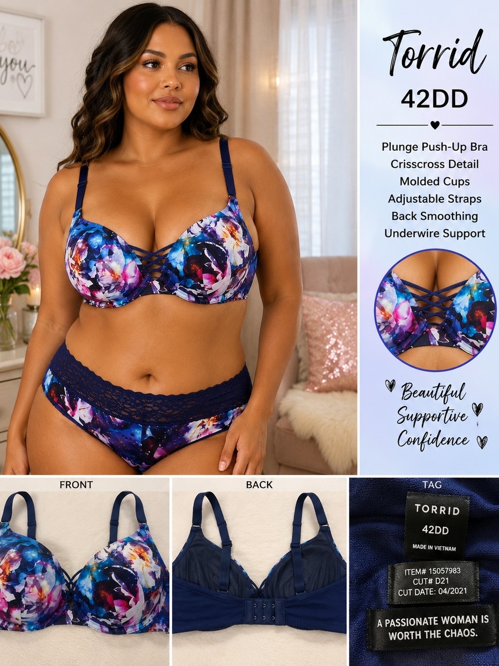 Torrid 42DD Watercolor Floral Galaxy Plunge Push-Up Bra Plus Size